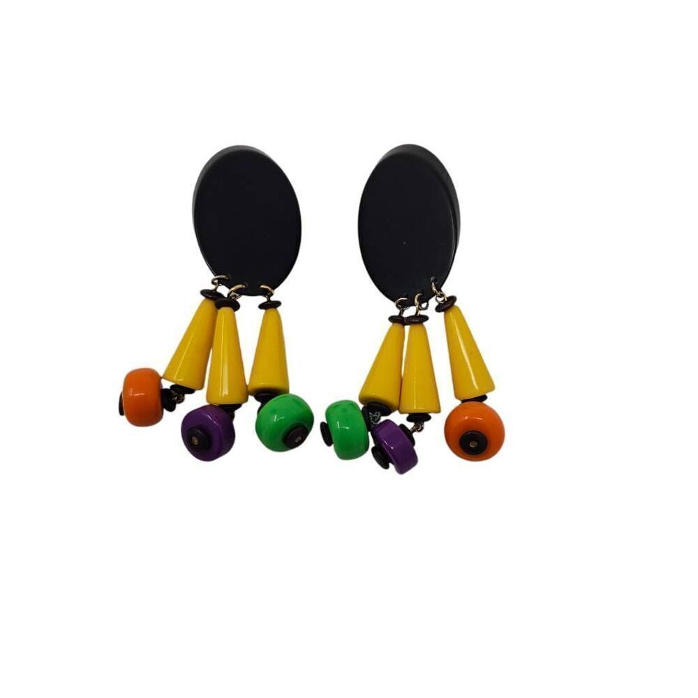 Vintage Les Bernard Matte Black & Multicolor Dangle Earrings | 1980s